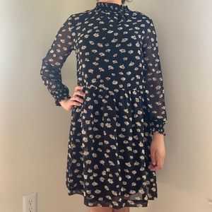 Madewell Highneck Longsleeve Black Patterned Dress